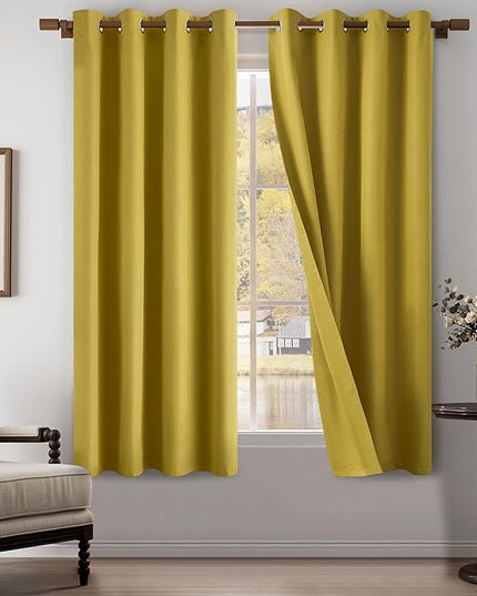 100% Blackout Linen Textured Curtains for Children's Room, Bedroom, Light Weight Curtains with Grommets Top, Full Blackout Curtains Privacy Protection, Gold, 52" W x 63" L, 2 Panels