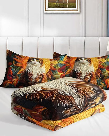 AILONEN Beautiful Cat Comforter Set for Bedroom Decor Twin Size,Sunflower Floral Garden Bedding Sets,Cute Kitten Animal Duvet Set with 2 Pillowcase,Soft Breathable and Microfiber