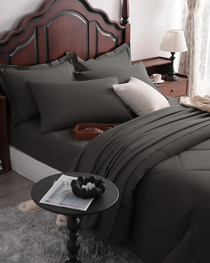 NTBAY King Comforter Set with Sheets, 7 Pieces Soft and Breathable King Bedding Set, Bed in a Bag, Down Alternative Comforter Set Solid Color All Season, King Bedding Set, Dark Grey
