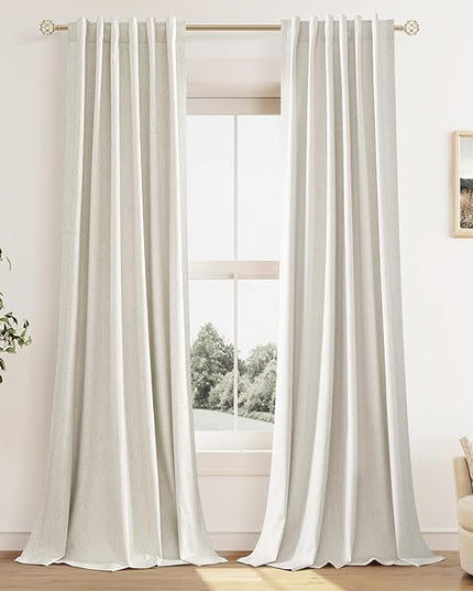 Guken 100% Blackout Cream Linen Curtains 52 Inch Wide by 118 Inch 2 Panels Set for Living Room Bedroom Back Tab Thermal Insulated Black Out Linen Drapes Room Darkening Window Curtains