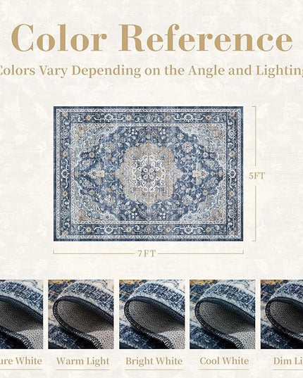 PADOOR-Vintage Area Rug 5X7 Rugs for Living Room-Soft Blue Rugs for Bedroom-Machine Washable Rugs Non Slip Carpet-Rug for Dining Room Living Room Bedside Office