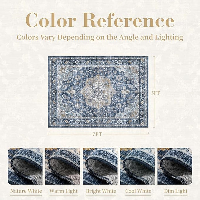 PADOOR-Vintage Area Rug 5X7 Rugs for Living Room-Soft Blue Rugs for Bedroom-Machine Washable Rugs Non Slip Carpet-Rug for Dining Room Living Room Bedside Office