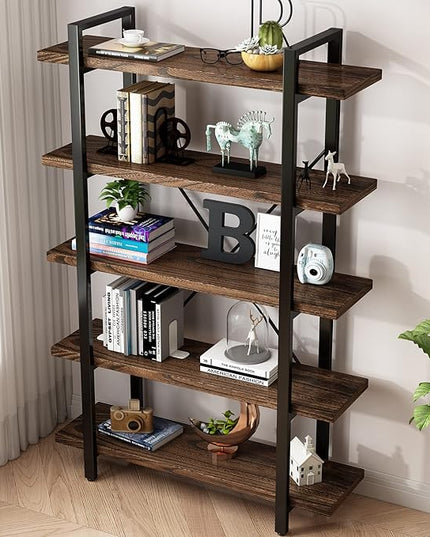 5-Tier Industrial Style Solid Wood Bookcase and Book Shelves,Rustic Wood and Metal Shelving Unit， Living Room,Modern Rustic Open Industrial Book Shelf Office,Distressed Brown (AY-02-5Tier)