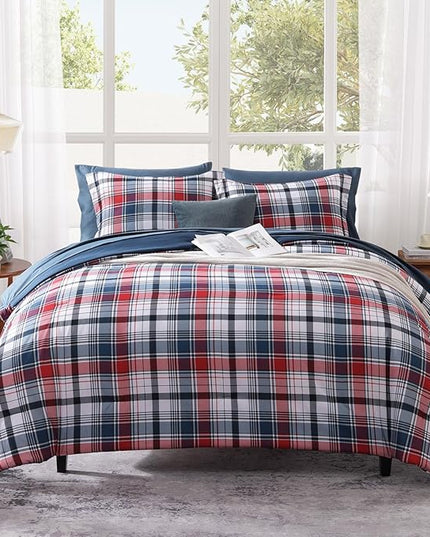 MaiRêve Queen Size Plaid Comforter Set Navy Red, Classic 7 Pieces Farmhouse Bedding Set, All Season Lightweight Bed in A Bag with Sheets, Pillowcases & Shams