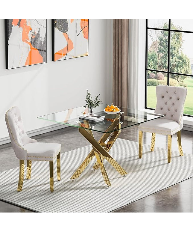 Glass Dining Table Set for 2, Square 36" Dining Table with Gold Cross Metal Leg, 2 Beige Velvet Dining Chairs with Stainless Steel Legs, Modern Glass Kitchen Table and Chairs Set for Small Space