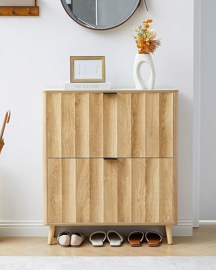 31.5” Fluted Shoe Cabinet Storage with 2 Flip Drawers,Narrow Freestanding Shoe Storage Organizer,Slim Shoe Rack Cabinet for Entryway,Hallway (Natural)