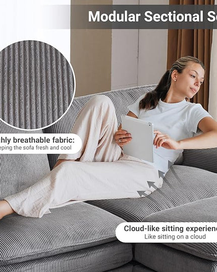 VINGLI 121" L Shape Sectional Couch, Convertible Sectional Couch for Small Living Room,Modern 3-Seat Convertible Loveseat Sofa with 1 Ottoman in Corduroy,Light Grey