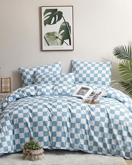 CLOTHKNOW Blue White Plaid California King Comforter Set 3Pcs Grid Bedding Comforter Sets Checker Comforter Blue White Comforter and 2 x Pillow Cases