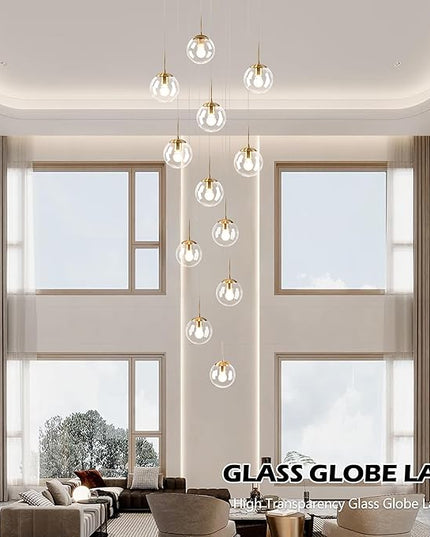 KoKo&Yukina 12-Light Gold Mid Century Modern Chandelier for Living Room Staircase Chandelier for Entryway Clear Globe Glass Chandelier High Ceiling Chandeliers Foyer Entryway (Bulb & Remote Incl.)