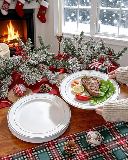 bUCLA 100Pieces Silver Plastic Plates - 10.25inch Silver Rim Disposable Dinner Plates - Ideal for Weddings, Parties