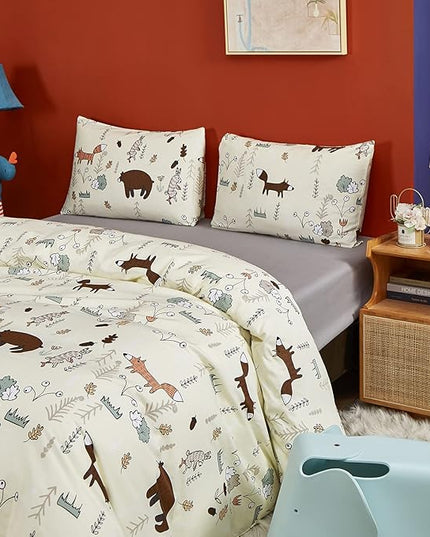 CLOTHKNOW Yellow Animal Twin/Twin XL Comforter Set 3Pcs Kids Bedding Comforter Sets Soft Cartoon Comforter Fox Rabbit Beige Bedding with 2 x Pillow Cases