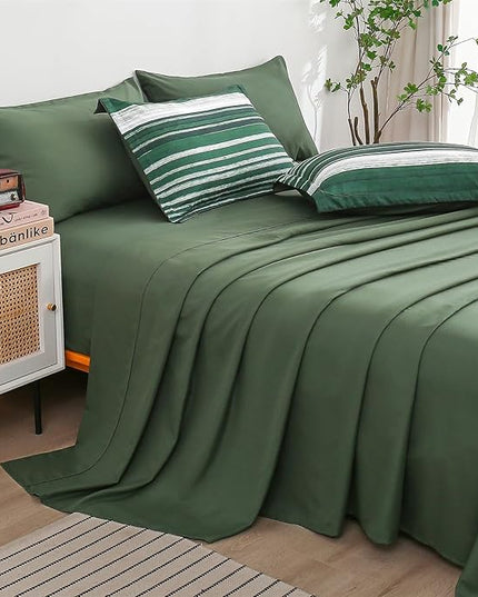 KAKIJUMN 7 Piece Bed in a Bag Stripe Comforter Set King Size, White Grey Green Patchwork Striped Comforter and Sheet Set, All Season Soft Microfiber Complete Bedding Sets(Dark Green,King)