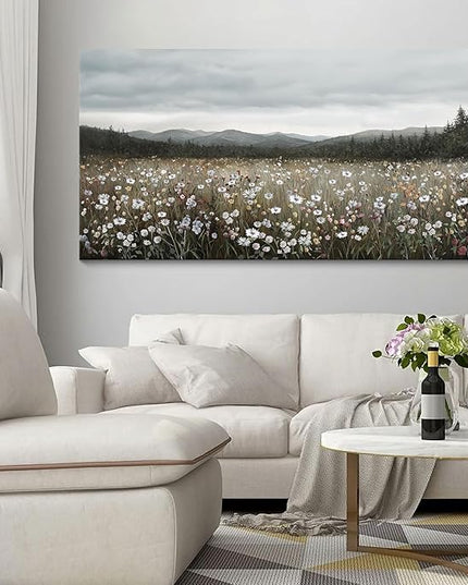 HGUAOA Vintage Landscape Wall Art for Bedroom and Living Room - Large Floral Artworks Farmhouse Wall Decor - Framed Neutral Nature Pictures - Above Bed Decor with Mountain Scenery 24×48IN