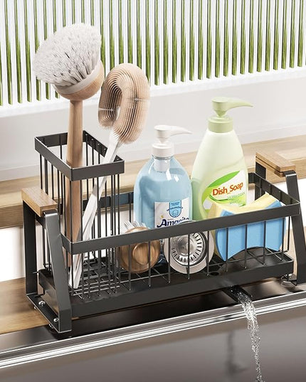 Sink Caddy Organizer with Wooden Handle & Self-Draining Tray, Trapezoid Kitchen Sponge Holder with Non-Slip Suction Cups , Organizer for Sponge, Brush, Soap Dispenser for Sink and Bathroom Countertop
