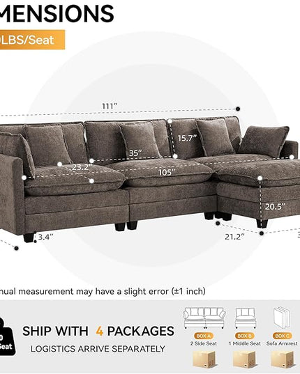 111'' Sectional Cloud Deep Seat Couch, Modern Comfy Chenille L Shaped Sectional Sofa for Living Room Set, Upholstered Modular 3-Seats Sofa Couch with 1 Movable Ottoman, Brown