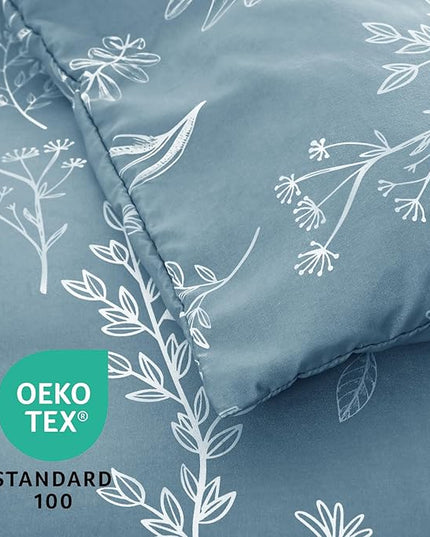 MUXHOMO Blue Full Comforter Set, Elegant Floral Print Bed in a Bag 7 Pieces, Ultra Soft & Breathable Reversible Botanical Pattern Bedding Set with Comforter, Sheets, Pillowcases, and Shams