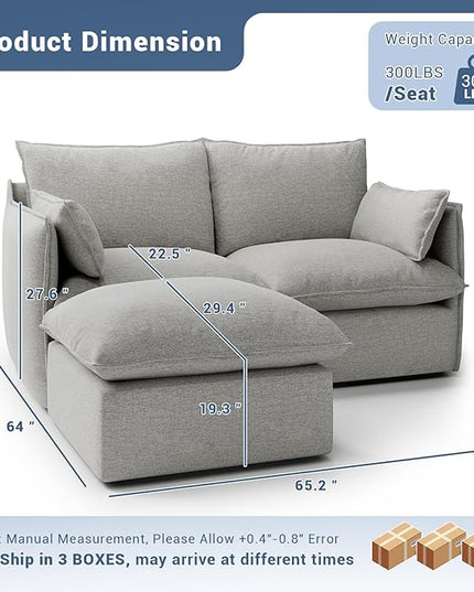 Cloud Modular Sectional Sofa, Waterproof Down Filled Sectional Sofa, High Backrest Loveseat Couch with Ottoman, Modern Modular Couch with Removable Cover, Light Gray