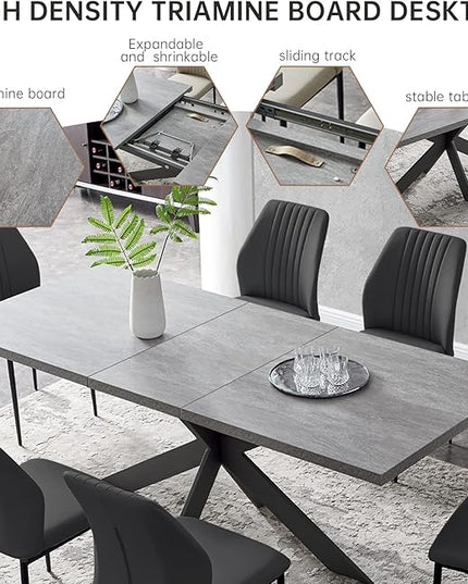 ZckyCine 6-8 People Modern Rectangular Kitchen Dining Table Space-Saving Expandable Dining Table Metal Frame (Gray Table + 6 Black Chairs)