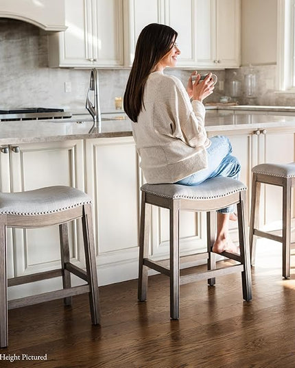 Maven Lane Adrien Backless Bar Stool – 31 Inch Saddle Seat with Footrest – Grey Solid Wood Frame & Grey Fabric Upholstery – Ideal for Bars, Pub Tables & Tall Kitchen Counters