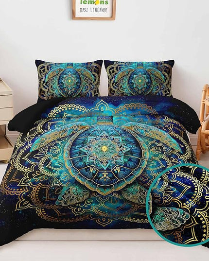 AILONEN Ethnic Turtle Bedding Set Twin Size - Blue Green Starry Mandala Boho Comforter Set with 2 Pillowcases,3-Piece Bedding