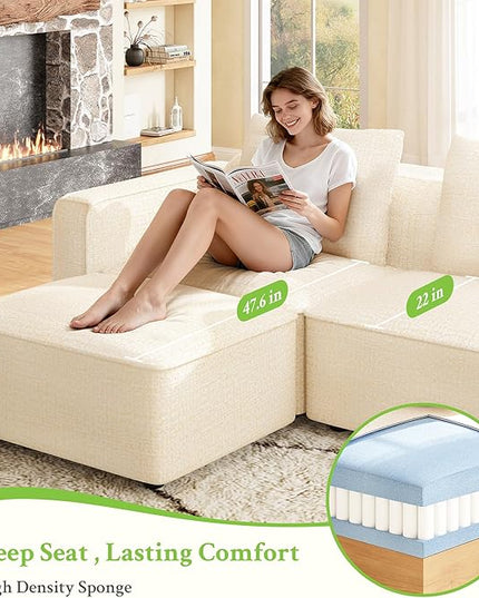 132" Sectional Couch, Locked-in Modular Sectional Sofa, Wood Frame Couches for Living Room, 22" Deep Seat U Shaped Couch with Ottoman Chenille Cloud Sofa Tool-Free Setup Sofas for Living Room