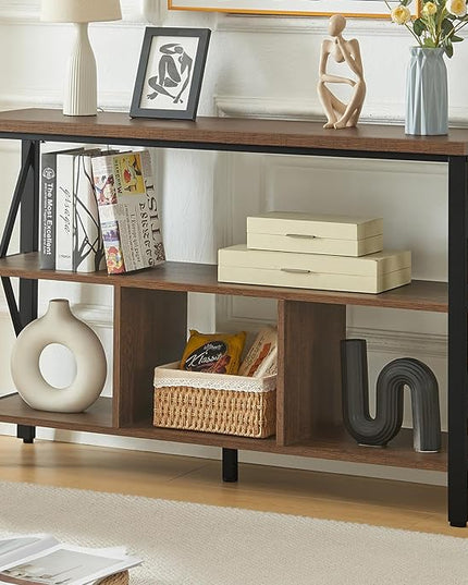HOMBAZAAR Console Table,Industrial Sofa Table with 3 Cubes,Entryway Table with Engineered Wood and Metal, Rustic 3 Tier Shelf for Hallway,Living Room,Brown,47 Inch