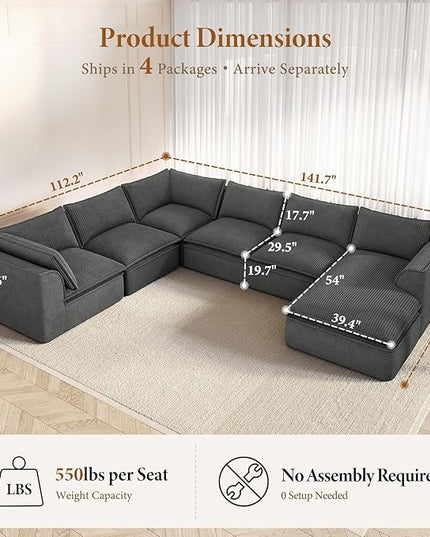 Vesgantti 141.7" Oversized Boneless Sectional Couch, Modern 7 Seater Modular Sofa with Chaise, Deep Seat Convertible Corduroy Cloud Couches for Living Room, No Assembly Required, Dark Gray