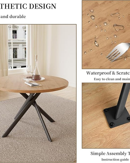 45.3 Inch Round Dining Table Set for 4, Mid Century Modern Small Kitchen Coffee Set for Dining Room Kitchen Apartment (Oak Table + 4 U-Shaped Black Chairs)