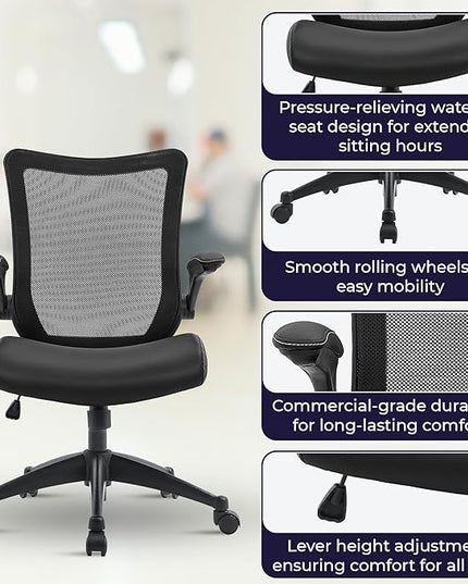 OfficeFactor Office Desk Chair, 300 lb Capacity Adjustable Desk Chair, Flip-Up Armrests, Non-Scratch Wheels, Mesh Back, Comfortable Bonded Leather seat (Black)