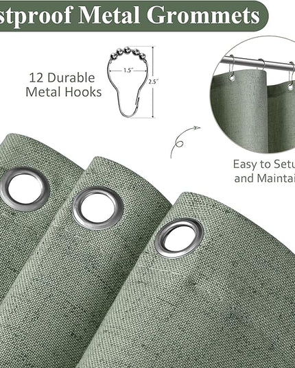 Naturoom Light Sage Linen Shower Curtain, Country Boho Farmhouse Bath Decor Shower Curtains Neutral Cloth Weighted Textured Fabric Bath Curtain Liner with Hooks, 72x96
