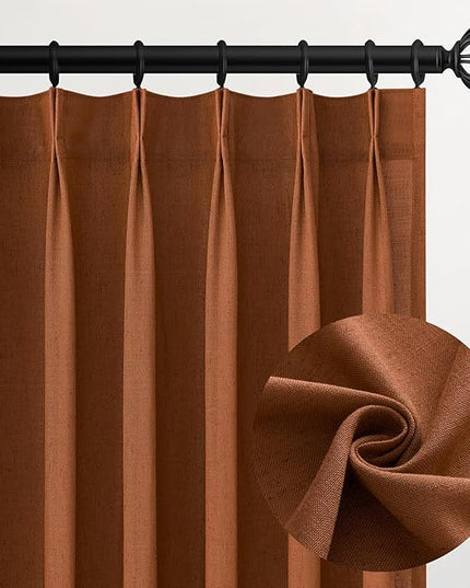 Pinch Pleated Linen Curtains 108 Inches long for Living Room 2 Panels Set Red clay Flax Pleat Drapes Back Tab Semi Sheer Fall Cozy Boho Ceiling to Floor 108 Inch Curtains for Bedroom Window,9FT