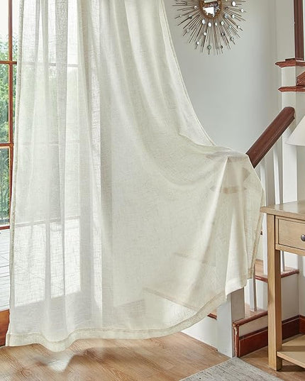 Linen Cream Sheer Curtains 72 Inch Length for Bedroom Pair Set 2 Panels Back Tab Loop Rod Pocket Light Filtering Semi Sheer Thick Soft Woven Textured Curtains for Sitting Room Family Living Area 52x72