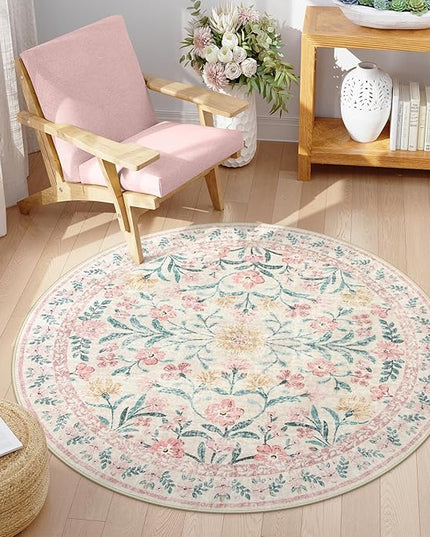 Wonnitar Pink Floral Round Rugs 5ft, Soft Circle Rug Non Slip Washable Round Carpet, Boho Non-Shedding Flower Distressed Circle Carpets for Bedroom Girls Room Nursery