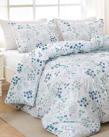 MUXHOMO Blue Flower Bed in a Bag King 7 Pieces, King Comforter Set Reversible Botanical Flowers Design, Ultra Soft & Breathable Bedding Sets with Comforter, Sheets, Pillowcases & Shams