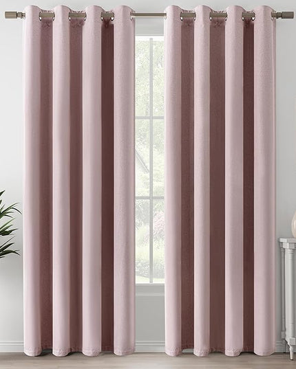 100% Blackout Pink Linen Curtains 90 Inch Length for Bedroom Living Room, Soundproof Thermal Insulated Privacy Lightweight Grommet Drapes for Girls Room, Pink, W52 x L90, 2 Panels