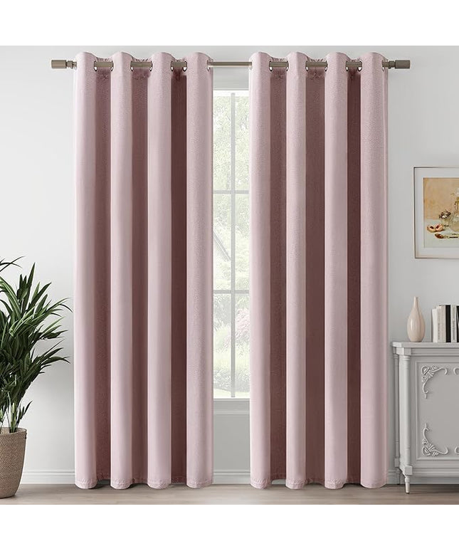 100% Blackout Pink Linen Curtains 80 Inches Long 2 Panels for Patio Bedroom, Noise Reducing Total Black Out Thermal Insulated Grommet Window Curtain Panels, Pink, W52 x L80, 2 Panels