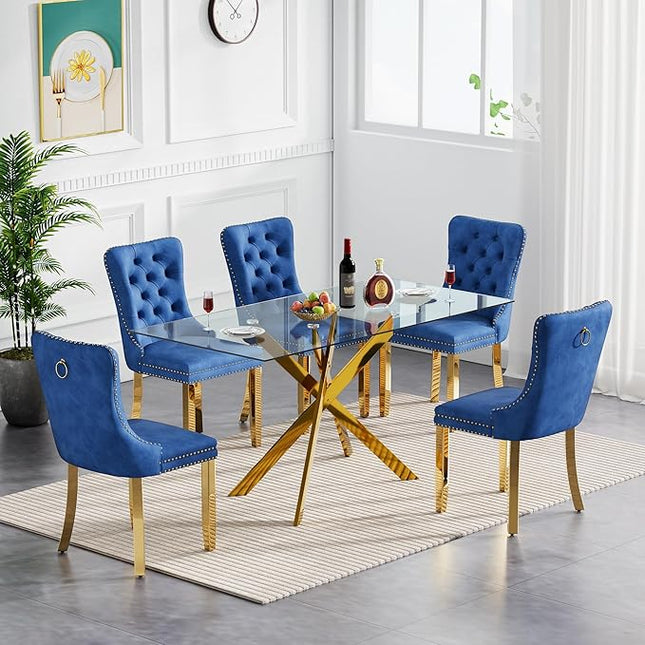 60.63in Rectangular Glass Dining Table Set for 6, Glass Gold Kitchen Table and Chair Set for 6, Modern 7 Piece Dining Room Set with 6 Fabric Upholstered Chairs, Metal Legs Home Kitchen Furniture