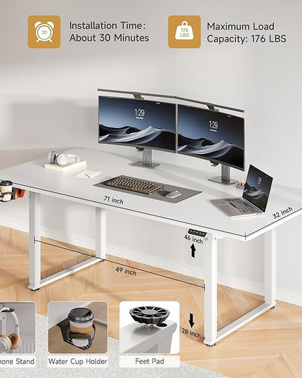 71x32 Inch Adjustable Standing Desk with 4 Legs, Stand-up Desk Features a Spacious Rectangular Top, Dual-Motor Lift, and Memory Presets (28-46Inch) for Home Offices or Computer Workstations, White