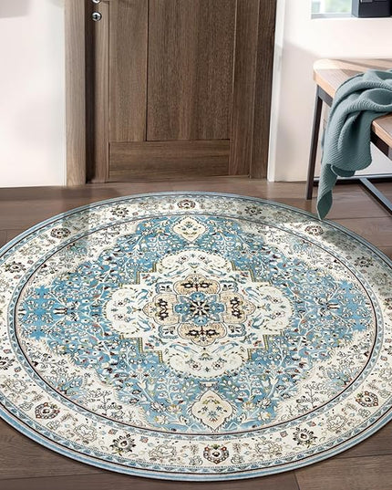 Ciicool Washable Area Rug Round 4’x4’ Boho Bedroom Rug Non-Slip Oriental Entry Throw Rug Low-Pile Indoor Floor Carpet for Living Room Laundry Foyer Decor (Vintage Blue)