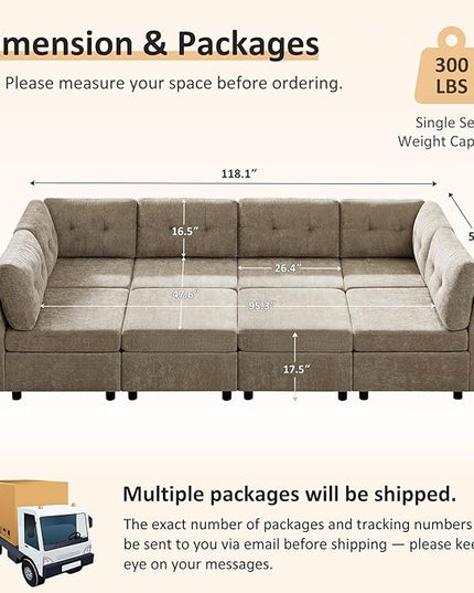 VANOMi 118 Inch Cloud Modular Sectional Sofa with 2 Ottomans, 8 Seat Cloud Sectional Sofa Bed, Chenille Sofas & Couches for Living Room, Apartment, Office, Camel