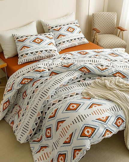 Houseri Orange and Brown Boho Comforter Set King Geometric Mocha Blue Diamonds Artistic Bedding Sets King Size Women Men Earth Tone Bohemian Triangle Farmhouse Retro Fashion Bed Quilt Blankets King