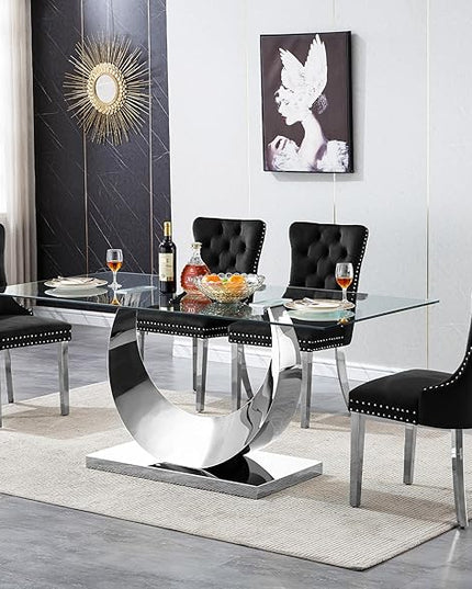 5 Piece Dining Table Set, Modern Glass Dining Table Set for 4, 70" Luxury Glass Table w/Silver Stainless Steel Base & 4 Black Tufted Chairs, Kitchen Dining Room Sets for 4 for Breakfast Dinner Dinette