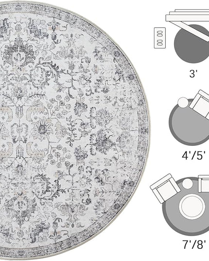 jinchan Kalen Round Rug 7ft Area Rug Washable Vintage Indoor Retro Floor Cover Distressed Gray Floral 7' Round Circle Boho Non Slip Thin Carpet for Living Room Dining Room Bedroom Kitchen Grey