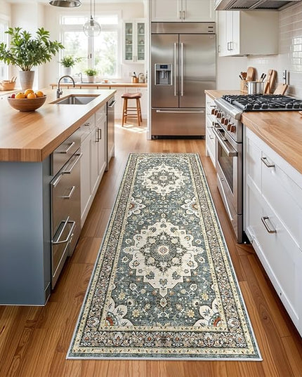 Washable Oriental Hallway Runner Rug - 3x8 Rugs for Living Room Soft Carpet for Bedroom Kitchen Waterproof Floral Distressed Indoor Stain Resistant Non-Shedding Floor Carpets (Blue, 3X8)