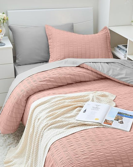 HYMOKEGE Rose Gold/Light Grey Twin XL Comforter Set Seersucker 5 Pieces, All Season Luxury Bed in a Bag for Bedroom, Bedding Set with Comforter, Sheets, Pillowcase & Sham
