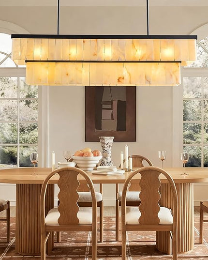 Rectangle Alabaster Chandelier, L54 Linear Chandeliers Over Table Pendant Light Modern Mrable Rectangular Chandelier for Kitchen Island Dining Room Living Room 2-Tier Black(Include 16 Bulbs)