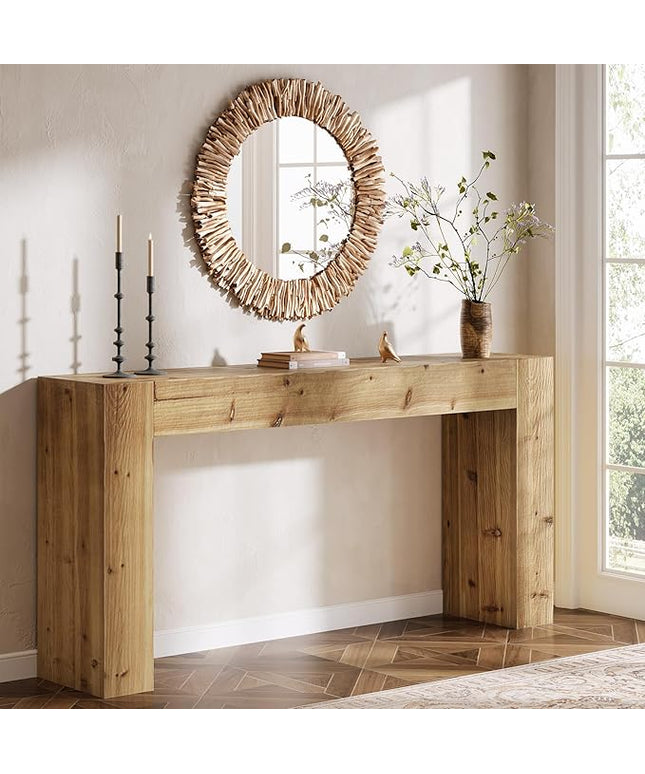 Solid Wood Console Table, 63-Inch Farmhouse Sofa Table Behind Couch for Entryway, Living Room, Foyer, Easy Assembly (Light Wood)