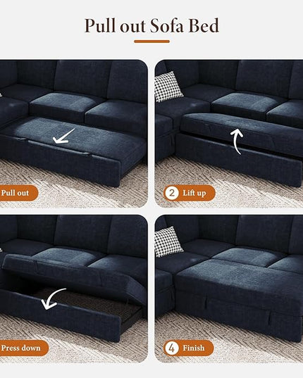 Vesgantti 113.6" Pull Out Sofa Bed with Chaise, 7 Seater U Shaped Sleeper Sofa with Storage Chaise, Comfy Chenille Modular Sectional Couch for Living Room, Bedroom, Apartment, Blue