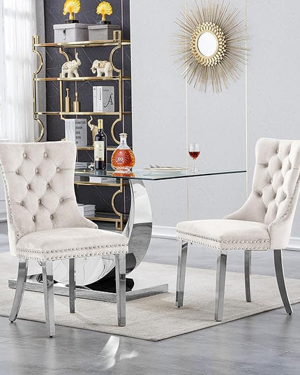 7 Piece Dining Table Set, Modern Glass Dining Table Set for 6, 70" Luxury Glass Table w/Silver Stainless Steel Base & 6 Beige Tufted Chairs, Kitchen Dining Room Sets for 6 for Breakfast Dinner Dinette