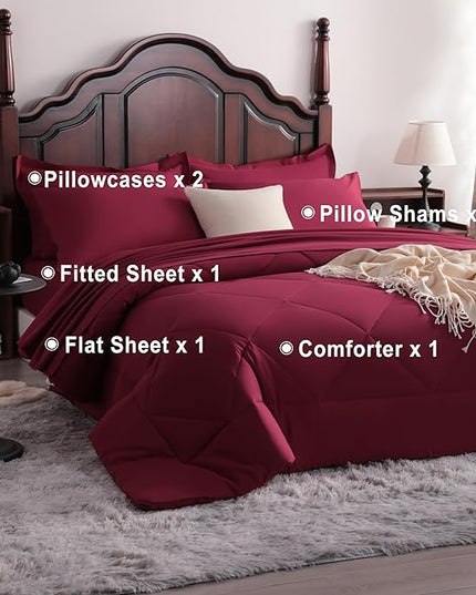 NTBAY Queen Comforter Set with Sheets, 7 Pieces Soft and Breathable Queen Bedding Set, Bed in a Bag, Down Alternative Comforter Set Solid Color All Season, Queen Bedding Set, Wine Red
